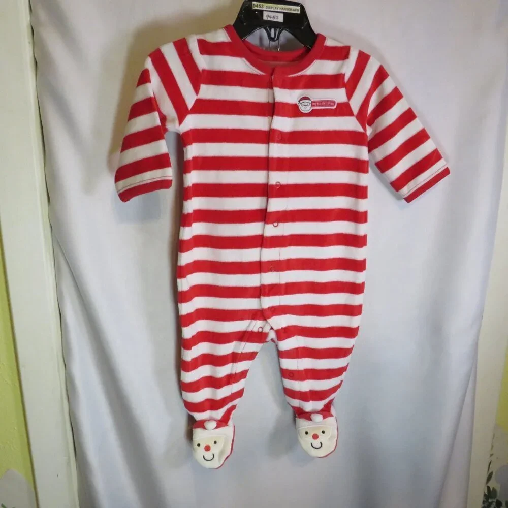 Baby Santa red and white striped footed bodysuit embroidered Holiday